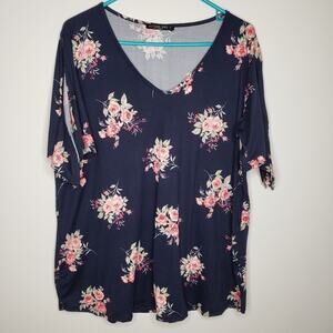 Acting Pro Dark Blue Floral Tie Short Sleeve Top 1X